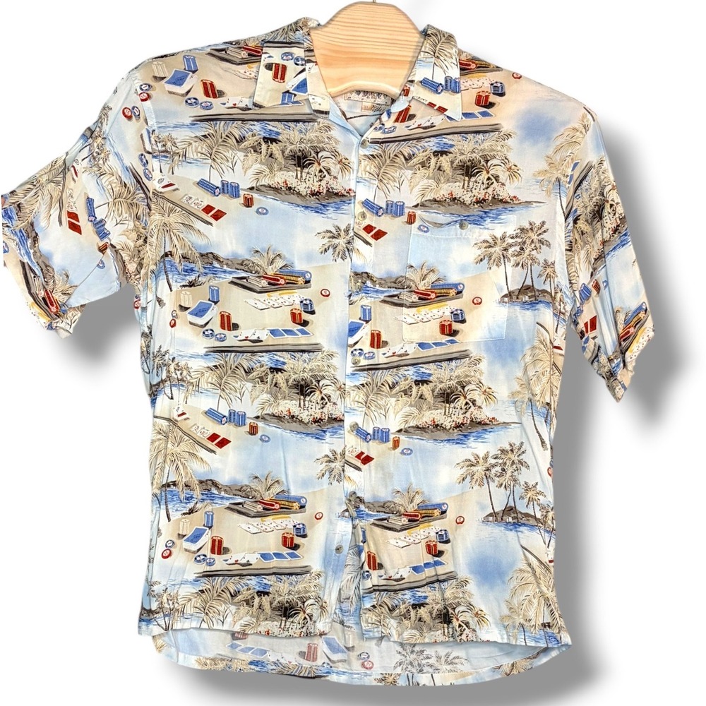 Y2K Campia Moda Button Up Shirt XL Blue Casino Beach Poker Tropical Rayon Mens